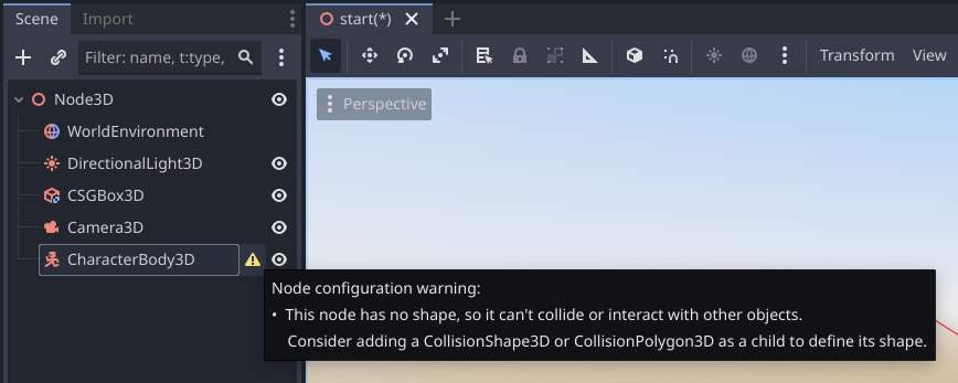 Adding a CharacterBody3D node for our player