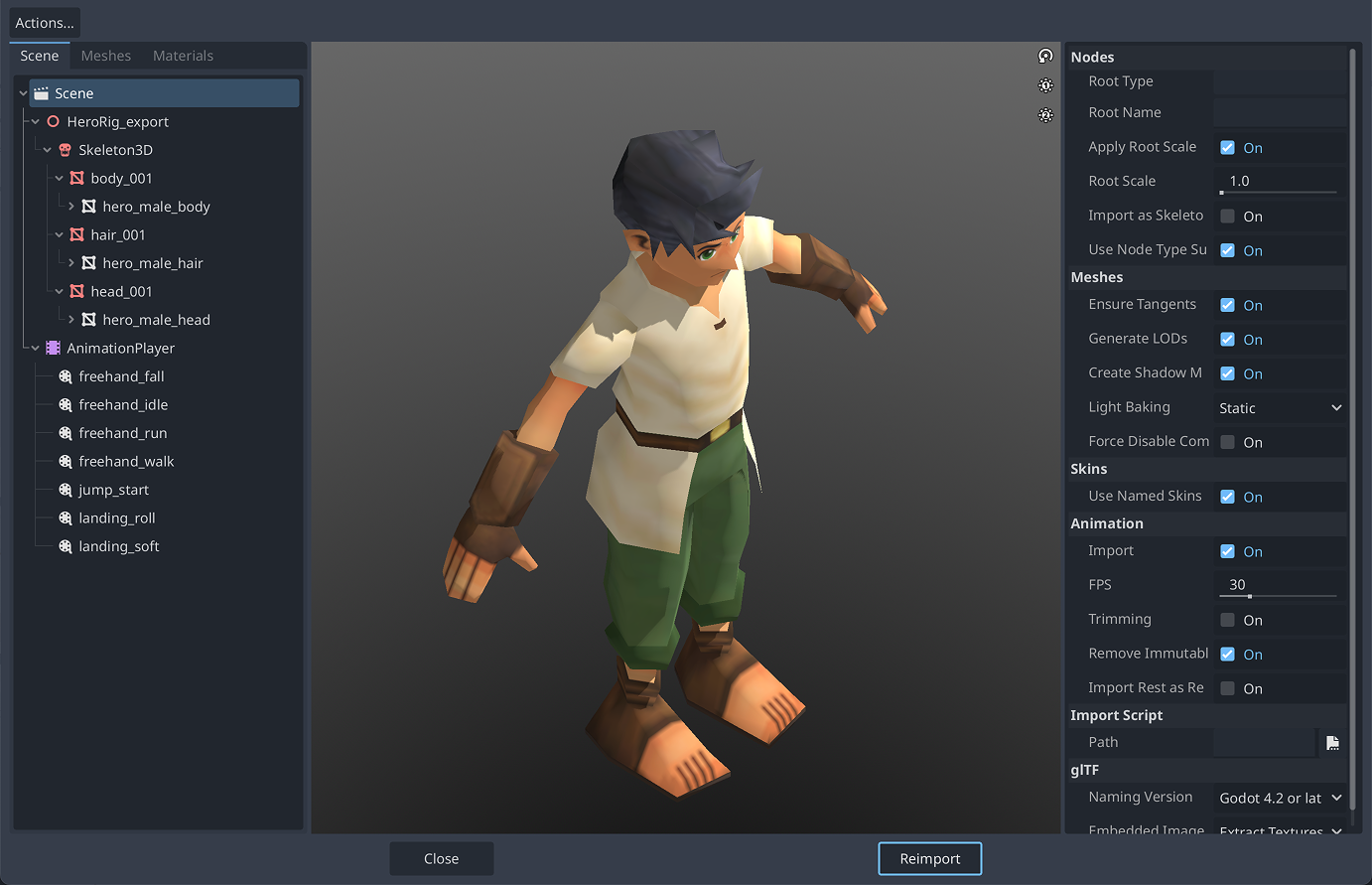 Godot's import window for a GLB file