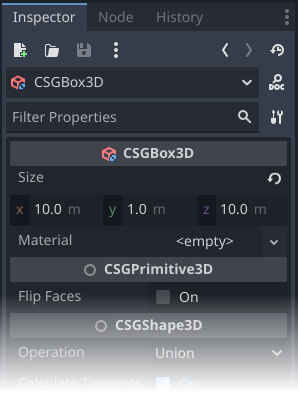 The Inspector panel showing properties of a selected node