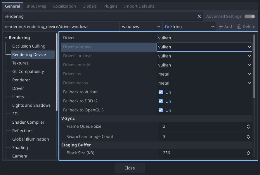 Changing the rendering device in Project Settings